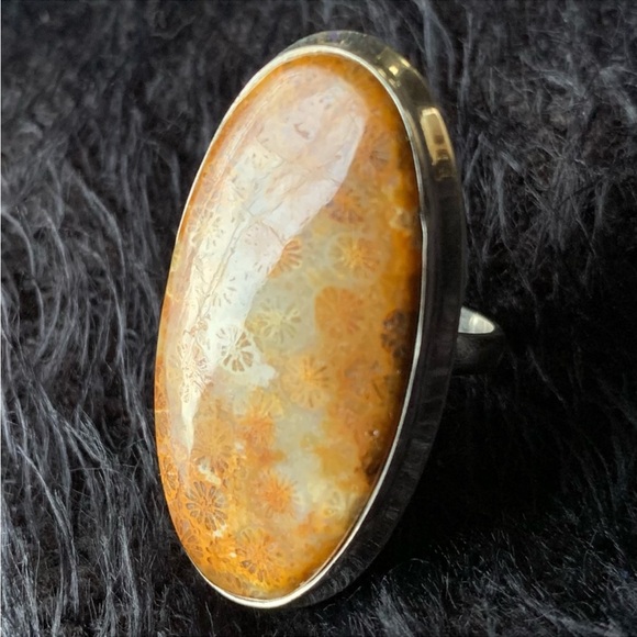 Huge Fossilized Coral Sterling Silver Ring Vintage 925 stamped Size 13.5 - Picture 10 of 10